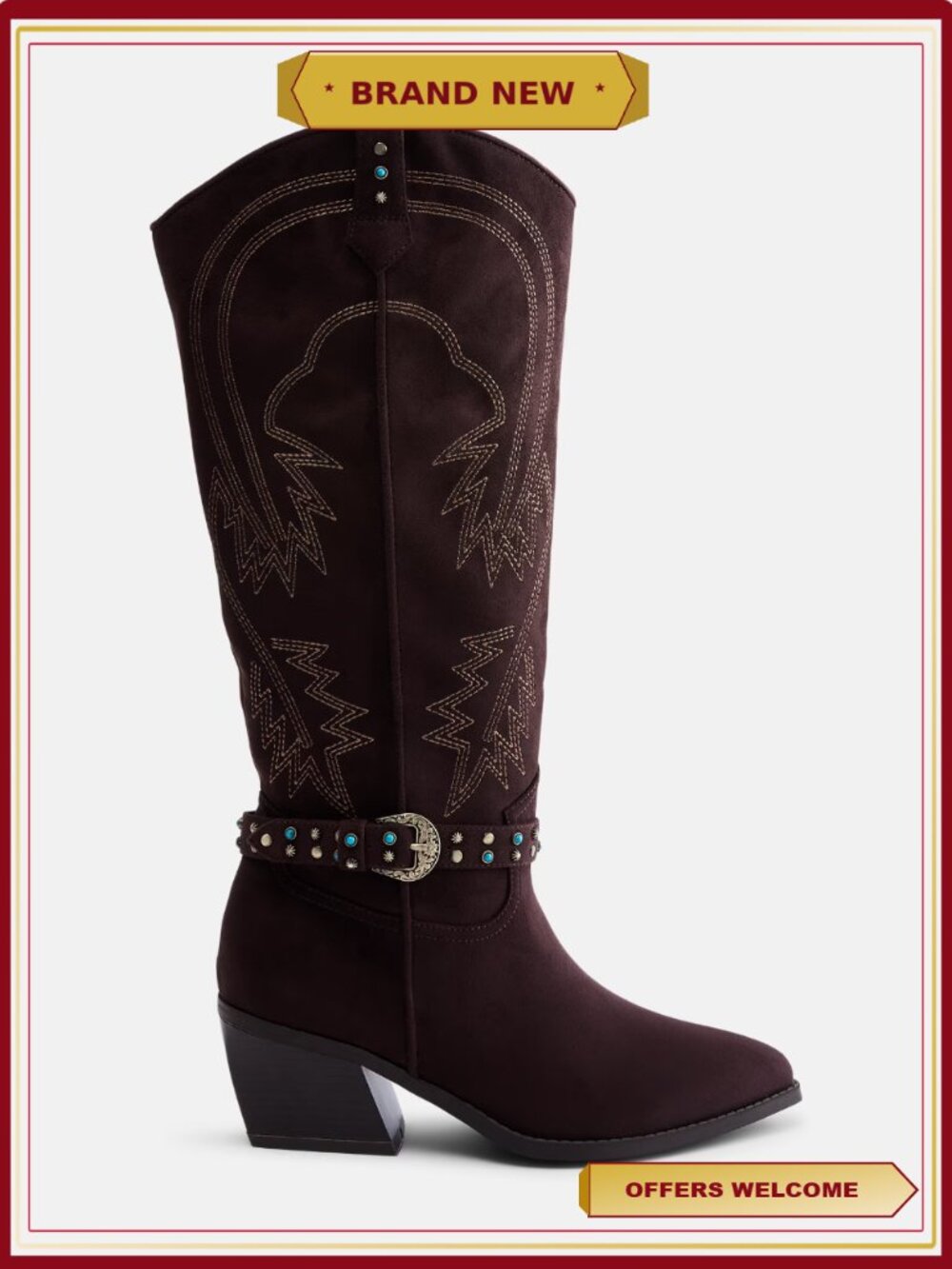 Faux Suede Western Buckle Boots Tall Shaft Embroidered Stacked Heel